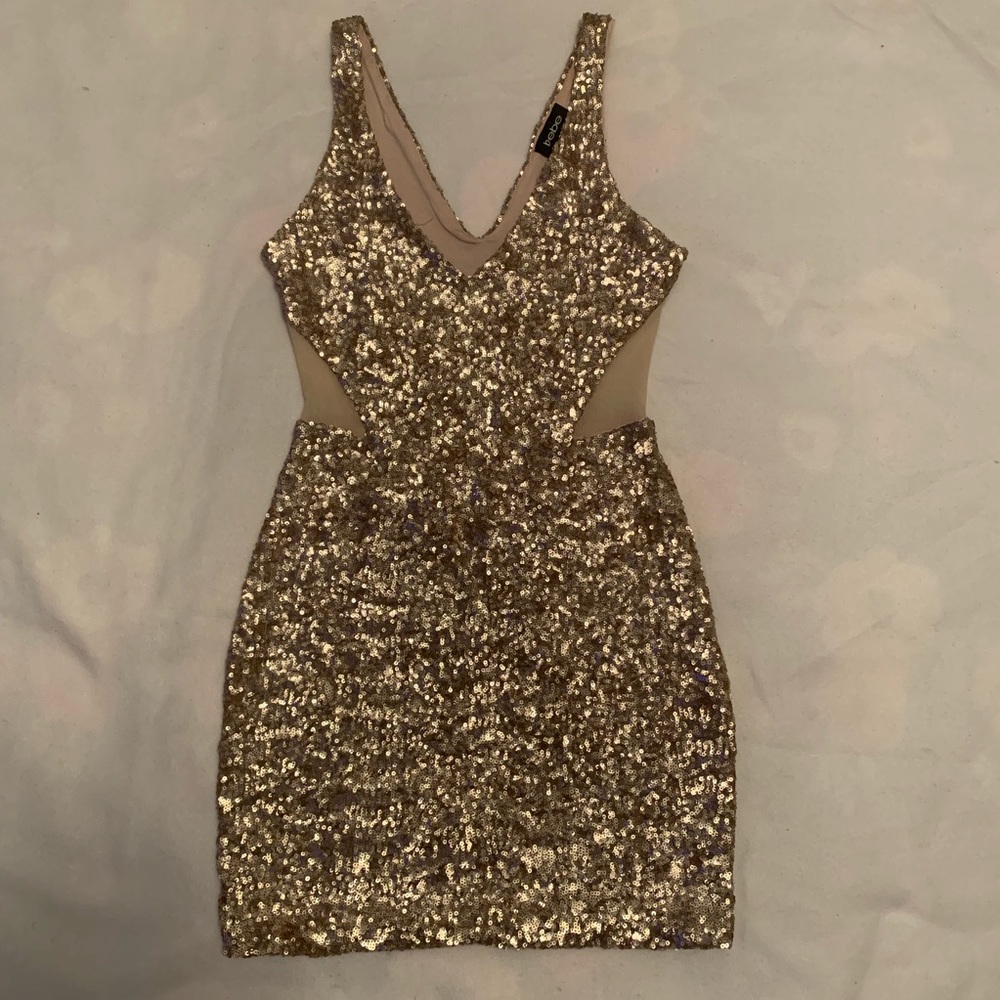 Bebe Gold Sequin Dress w/ Mesh Cutout Size XXS